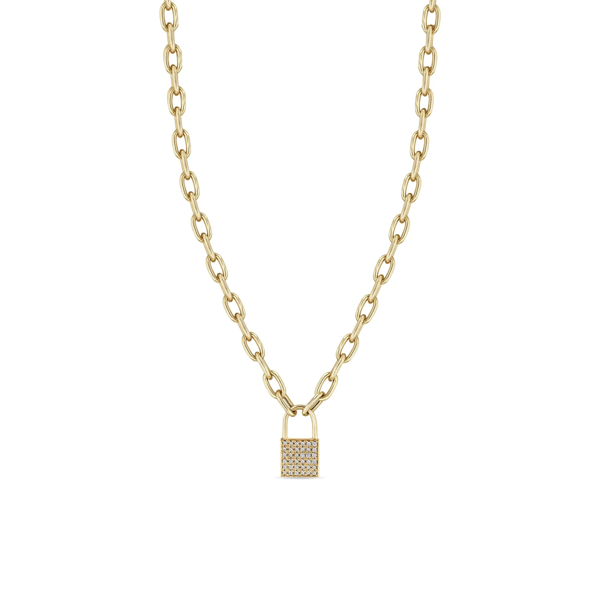 14k Medium Square Oval Link Pavé Diamond Padlock Necklace