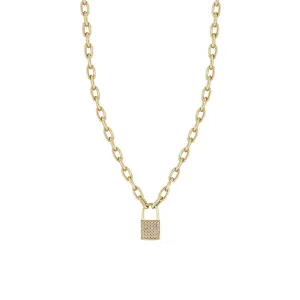 14k Medium Square Oval Link Pavé Diamond Padlock Necklace