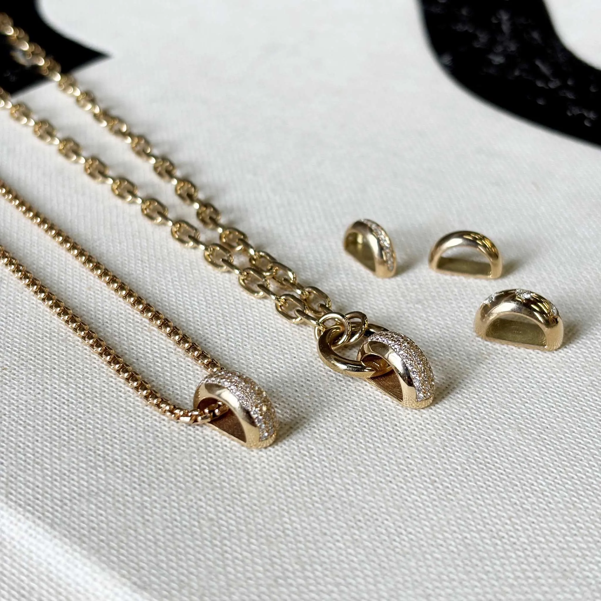 14k Pavé Diamond Wide Half Round Slide Bead Round Enhancer Necklace