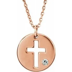 14K Rose .03 CTW Diamond Pierced Cross Disc 16-18" Necklace