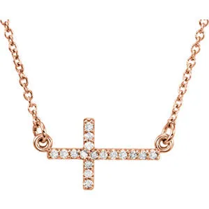 14K Rose .08 CTW Diamond Sideways Cross 16-18" Necklace
