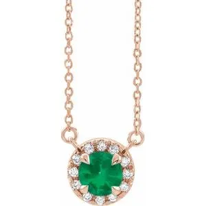 14K Rose 3 mm Natual Emerald & .03 CTW Natual Diamond 16" Necklace