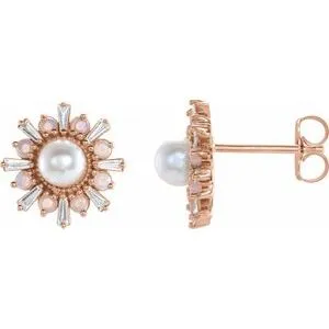 14K Rose Akoya Pearl, White Opal & 1/6 CTW Diamond Earrings