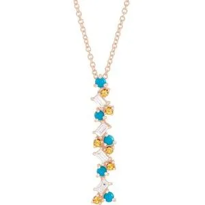 14K Rose Honey Passion Topaz, Turquoise & 1/8 CTW Diamond Scattered Bar 16-18" Necklace