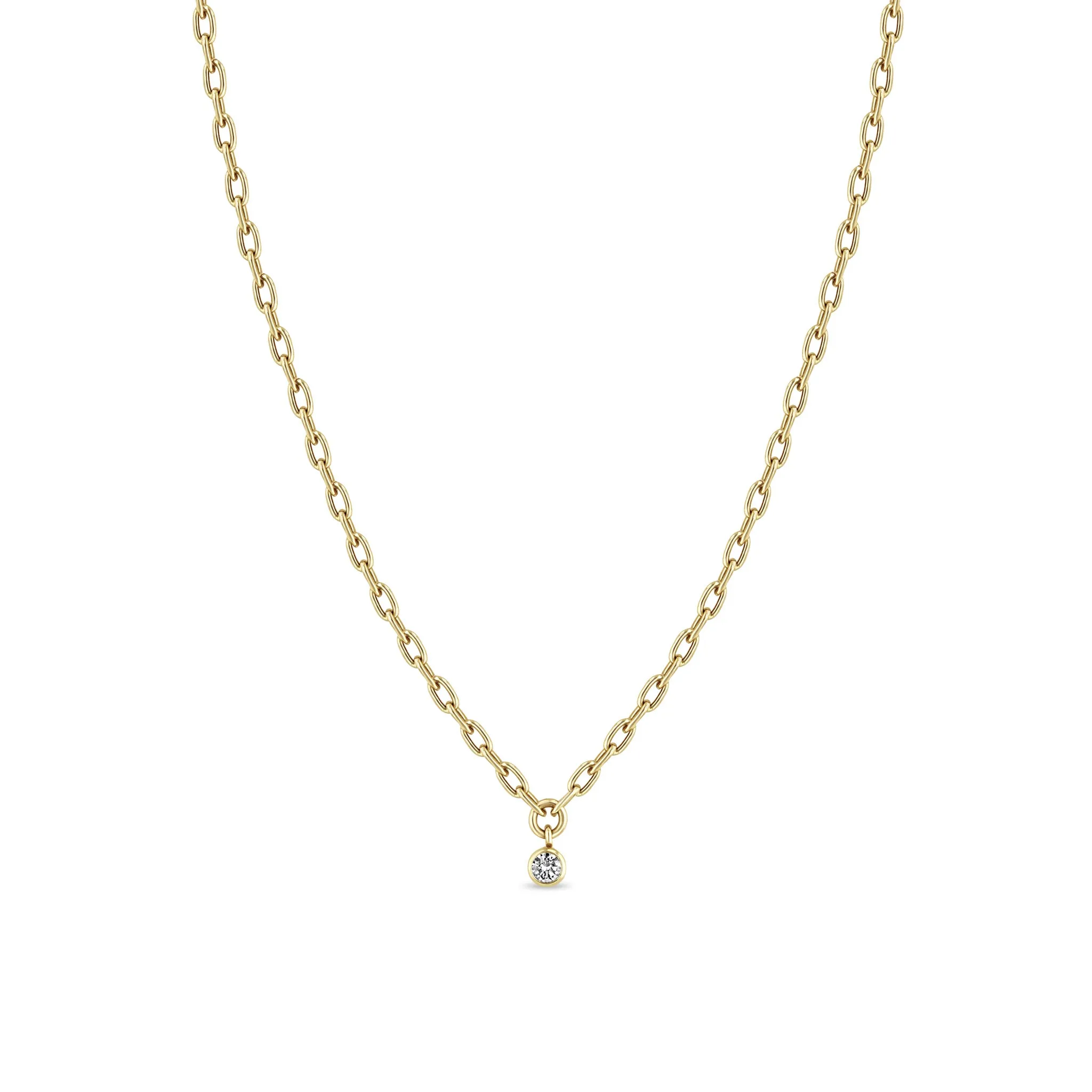 14k Small Square Oval Link Dangling Diamond Bezel Necklace