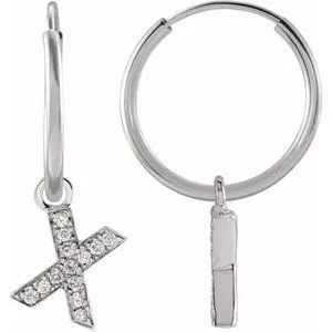 14K White .04 CTW Natural Diamond Single Initial X Hoop Earring