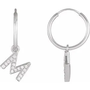 14K White .06 CTW Natural Diamond Single Initial M Hoop Earring
