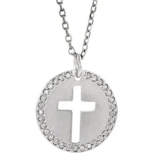 14K White .07 CTW Diamond Pierced Cross Disc 18" Necklace