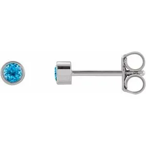 14K White 2 mm Round Natural Swiss Blue Topaz Micro Bezel Single Stud Earring
