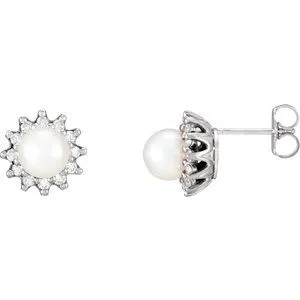 14K White Akoya Cultured Pearl & 1/3 CTW Diamond Earrings