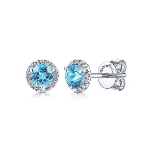 14K White Blue Topaz and Natural Diamond Stud Earrings