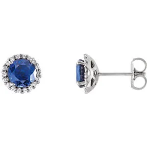 14K White Chatham® Lab-Created Blue Sapphire & 1/8 CTW Diamond Earrings