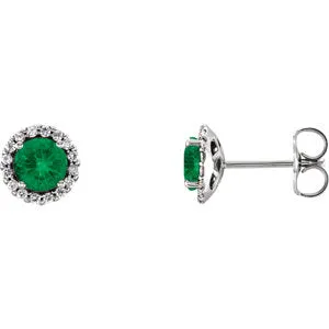 14K White Chatham® Lab-Created Emerald & 1/6 CTW Diamond Earrings