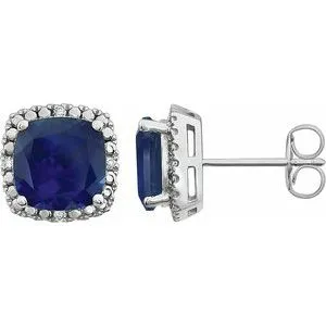 14K White Created Blue Sapphire & .06 CTW Diamond Earrings