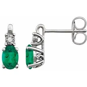14K White Created Emerald & .02 CTW Diamond Earrings