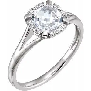 14K White Created White Sapphire & .05 CTW Diamond Ring