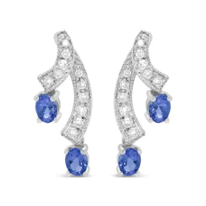 14K White Gold 4x3MM Oval Shaped Natural Blue Tanzanite Gemstone and 1/5 Cttw Diamond Double 3/4" Inch Drop Stud Earrings (H-I Color, VS1-VS2 Clarity)