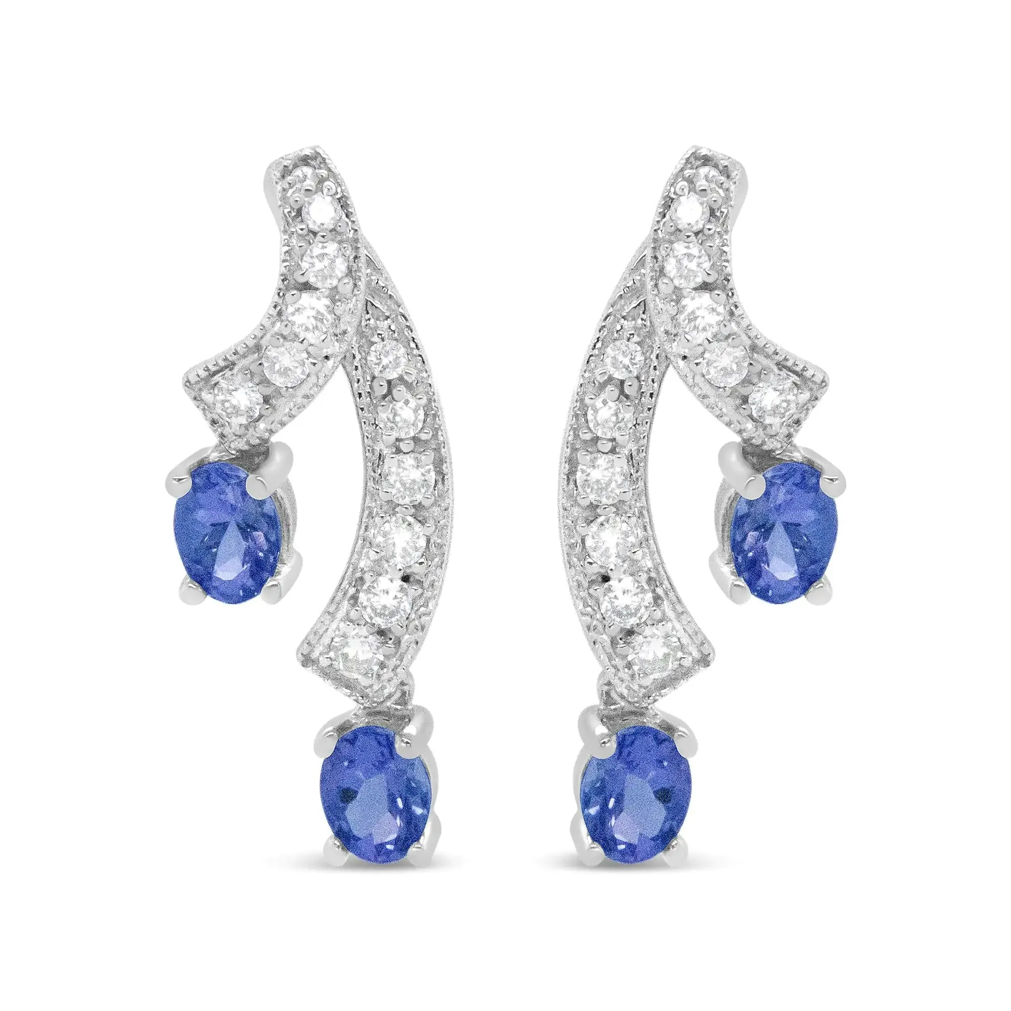 14K White Gold 4x3MM Oval Shaped Natural Blue Tanzanite Gemstone and 1/5 Cttw Diamond Double 3/4" Inch Drop Stud Earrings (H-I Color, VS1-VS2 Clarity)