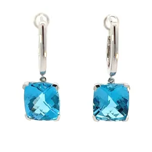 14K White Gold Cushion Cut Blue Topaz Drop Earrings (7.55ctw)