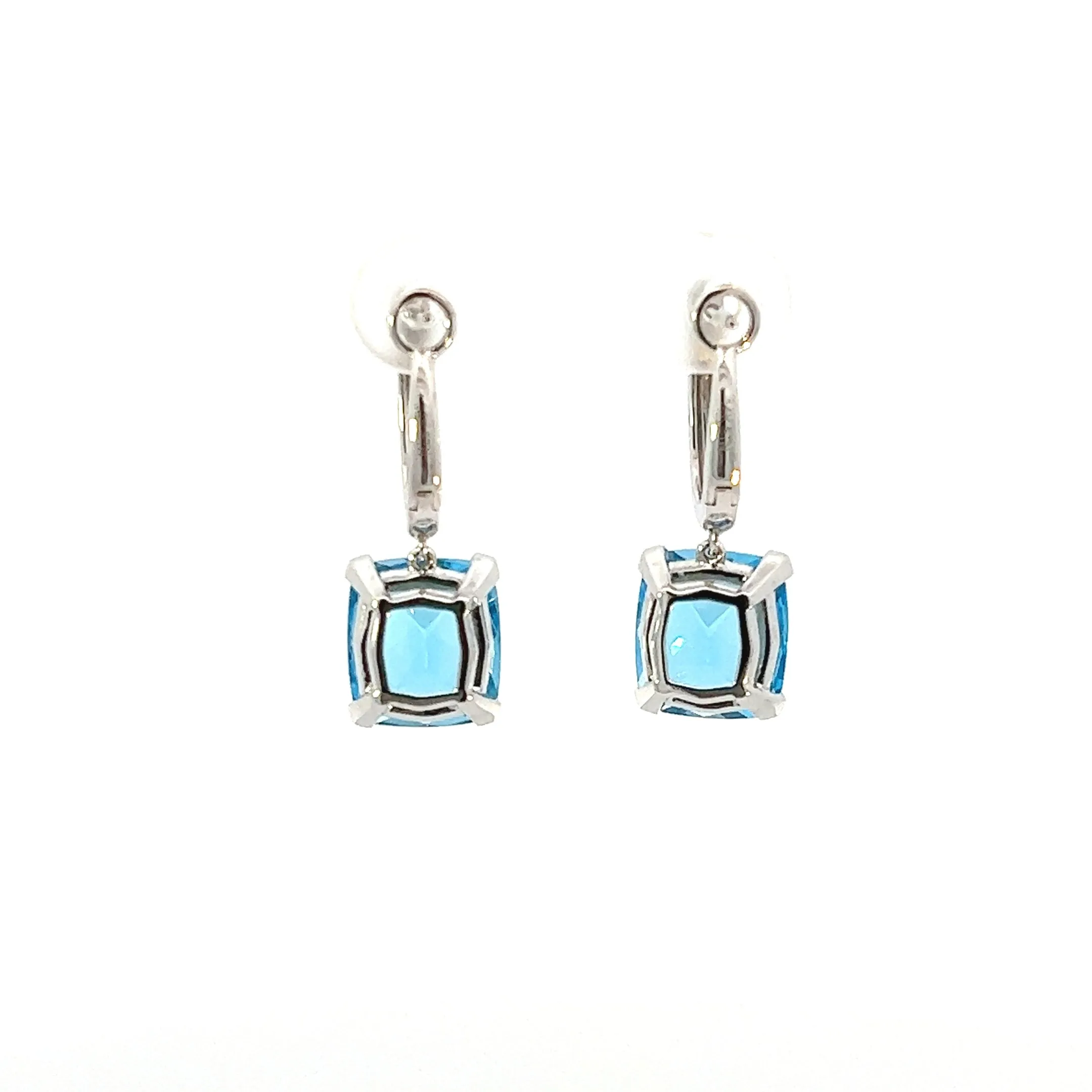 14K White Gold Cushion Cut Blue Topaz Drop Earrings (7.55ctw)