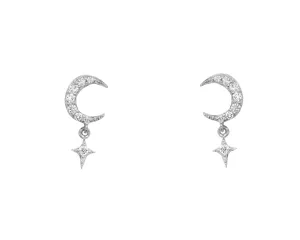14k White Gold Diamond Moon and Star Earrings