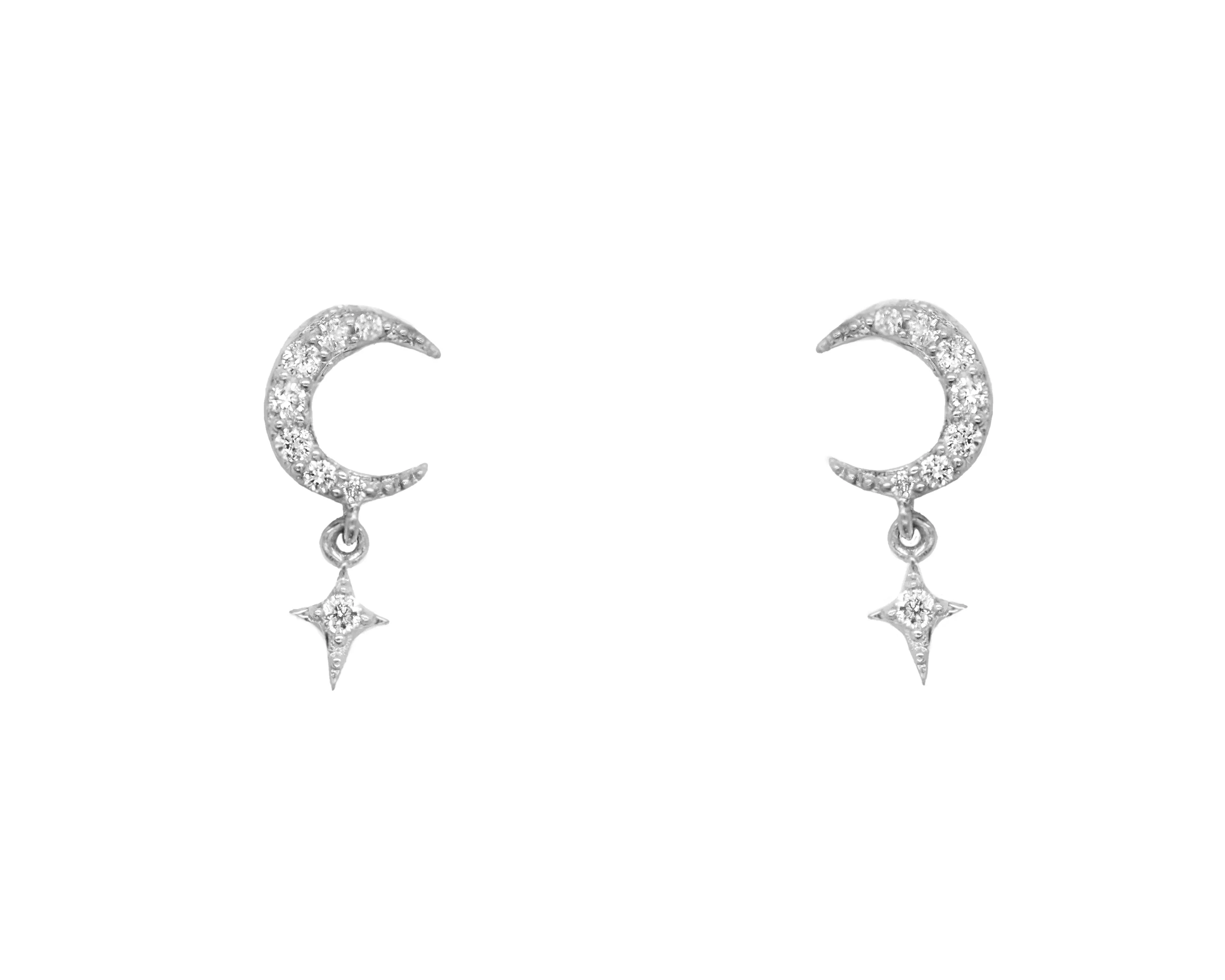 14k White Gold Diamond Moon and Star Earrings