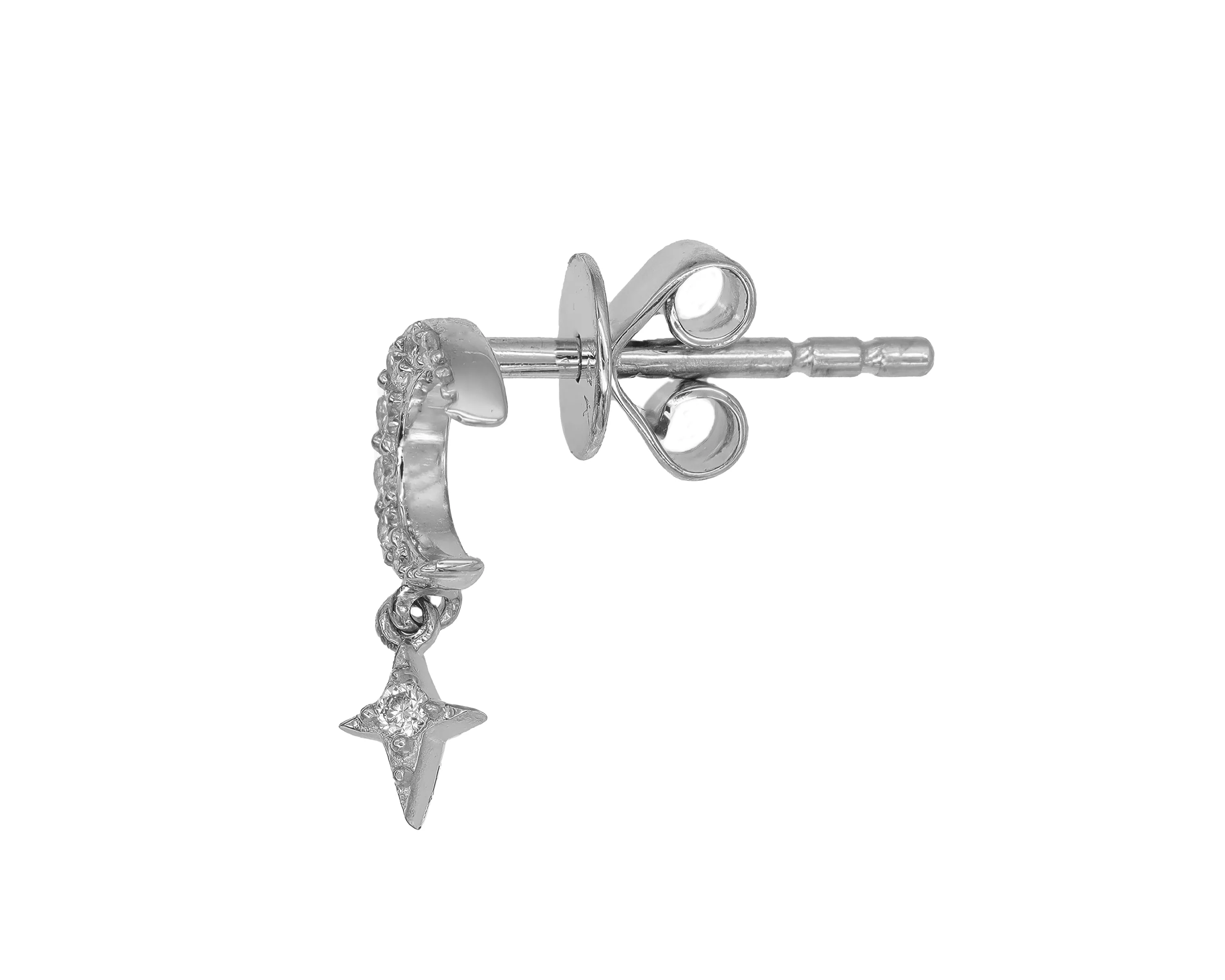 14k White Gold Diamond Moon and Star Earrings