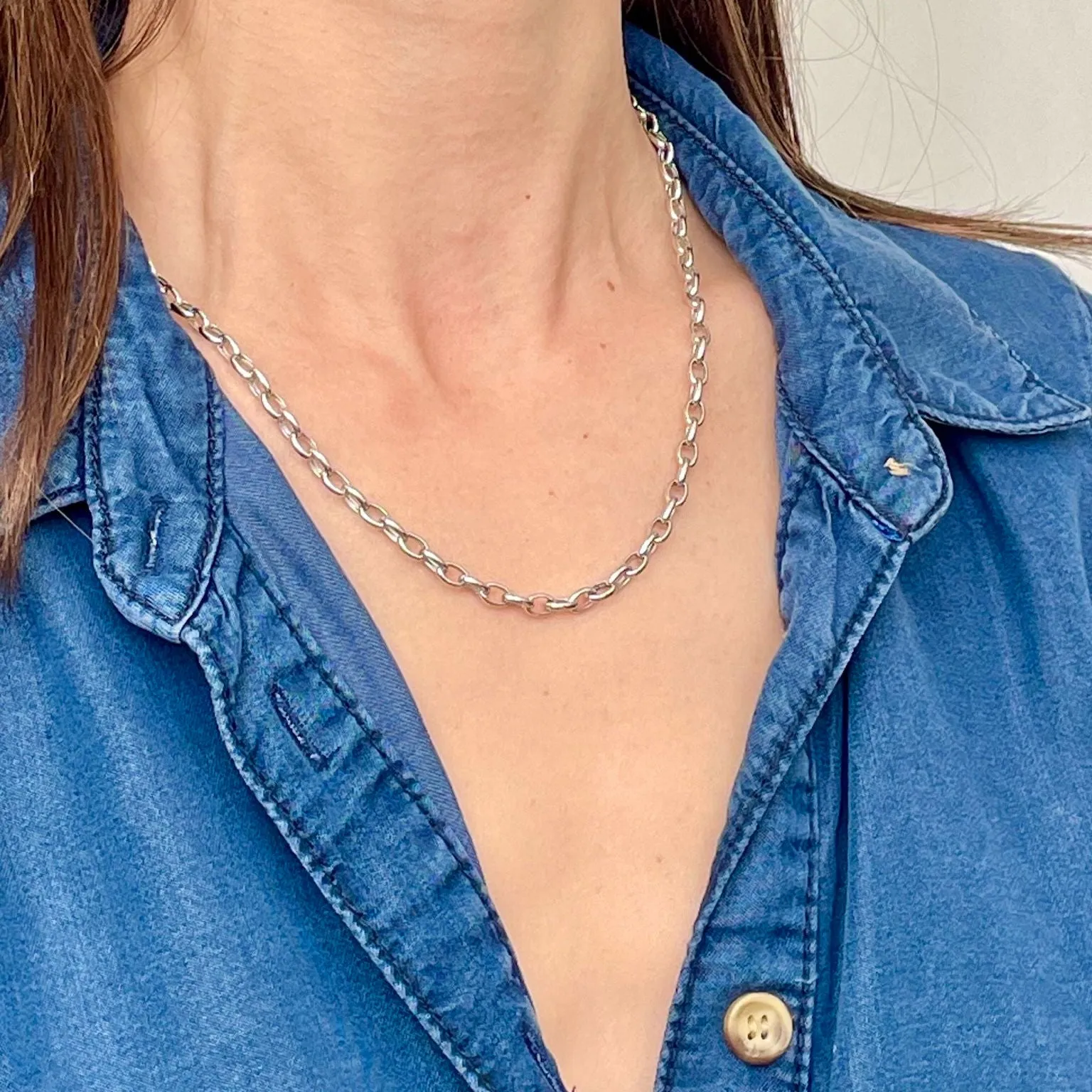 14K White Gold Oval Rolo Link Necklace