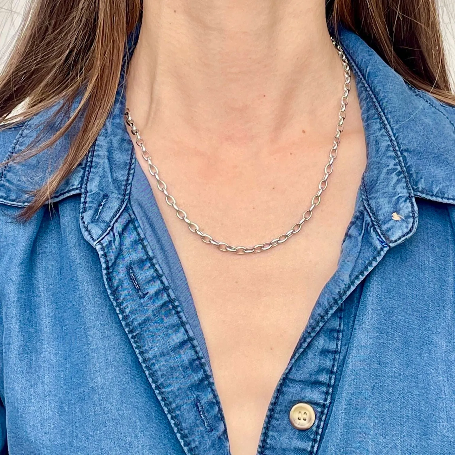 14K White Gold Oval Rolo Link Necklace