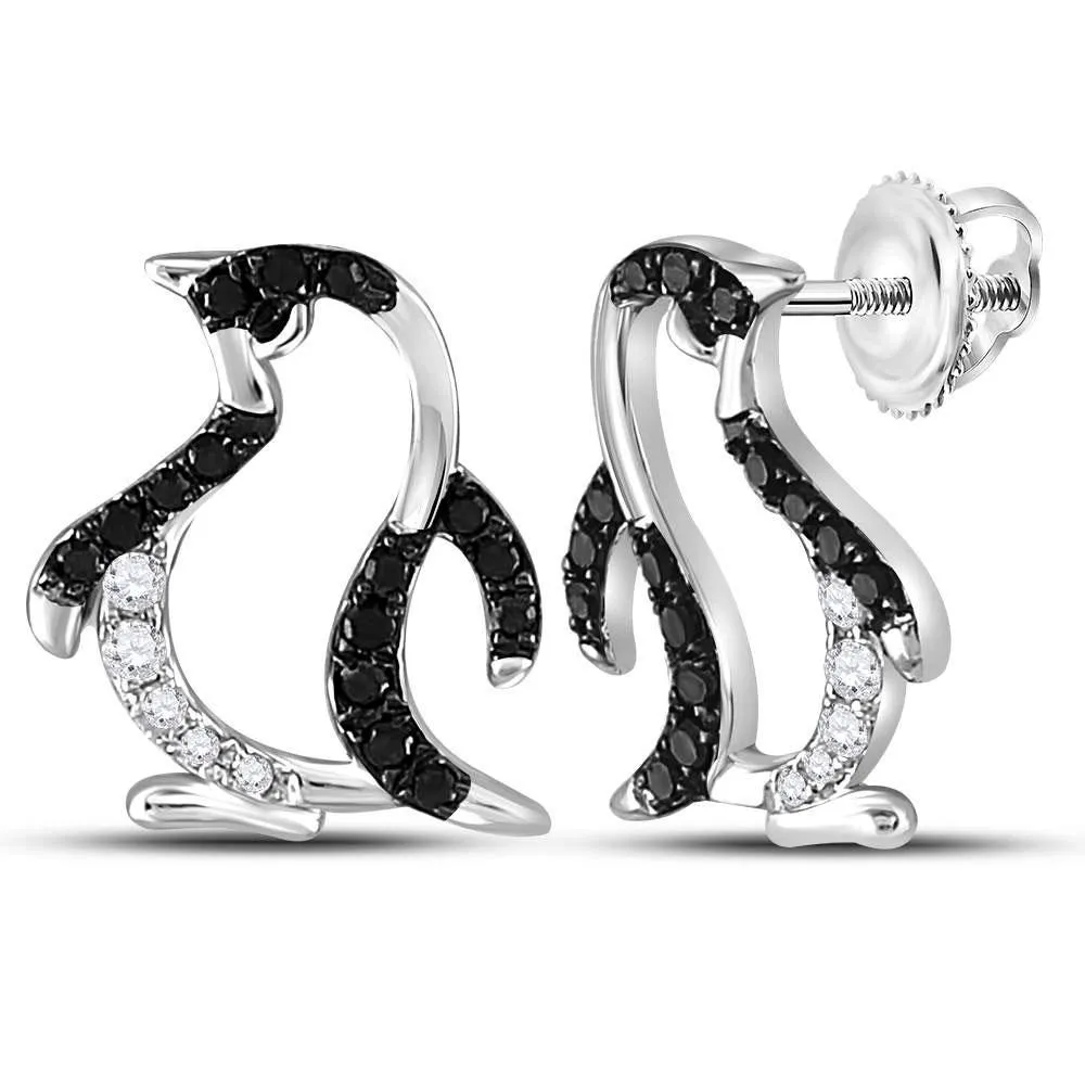 14K White Gold Round Black Color Enhanced Diamond Penguin Stud Earring