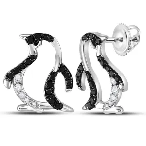 14K White Gold Round Black Color Enhanced Diamond Penguin Stud Earring