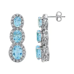 14k White Gold Sky Blue Topaz & .07 CTW Diamond 3-Stone Earrings