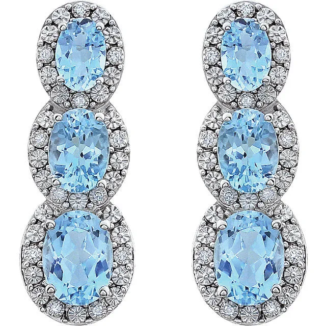14k White Gold Sky Blue Topaz & .07 CTW Diamond 3-Stone Earrings