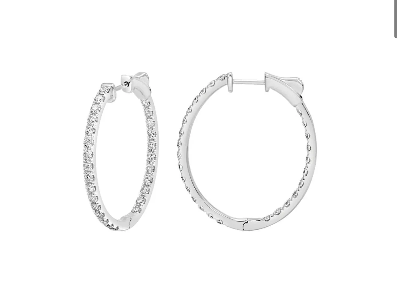 14K White or Yellow Gold Classic Oval Inside-Out Diamond Hoops