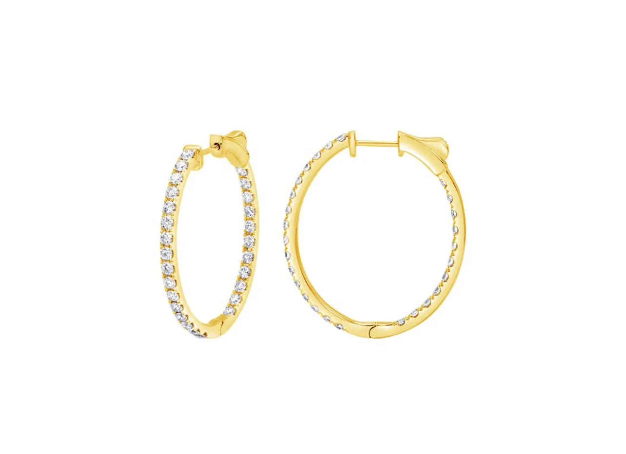 14K White or Yellow Gold Classic Oval Inside-Out Diamond Hoops