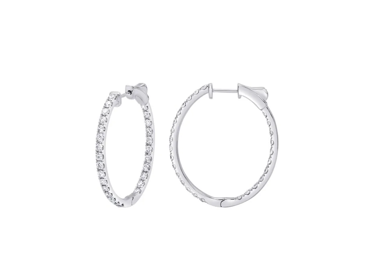 14K White or Yellow Gold Classic Oval Inside-Out Diamond Hoops