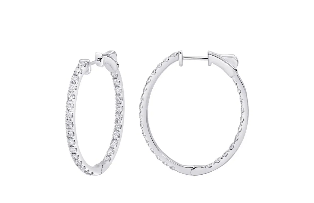 14K White or Yellow Gold Classic Oval Inside-Out Diamond Hoops