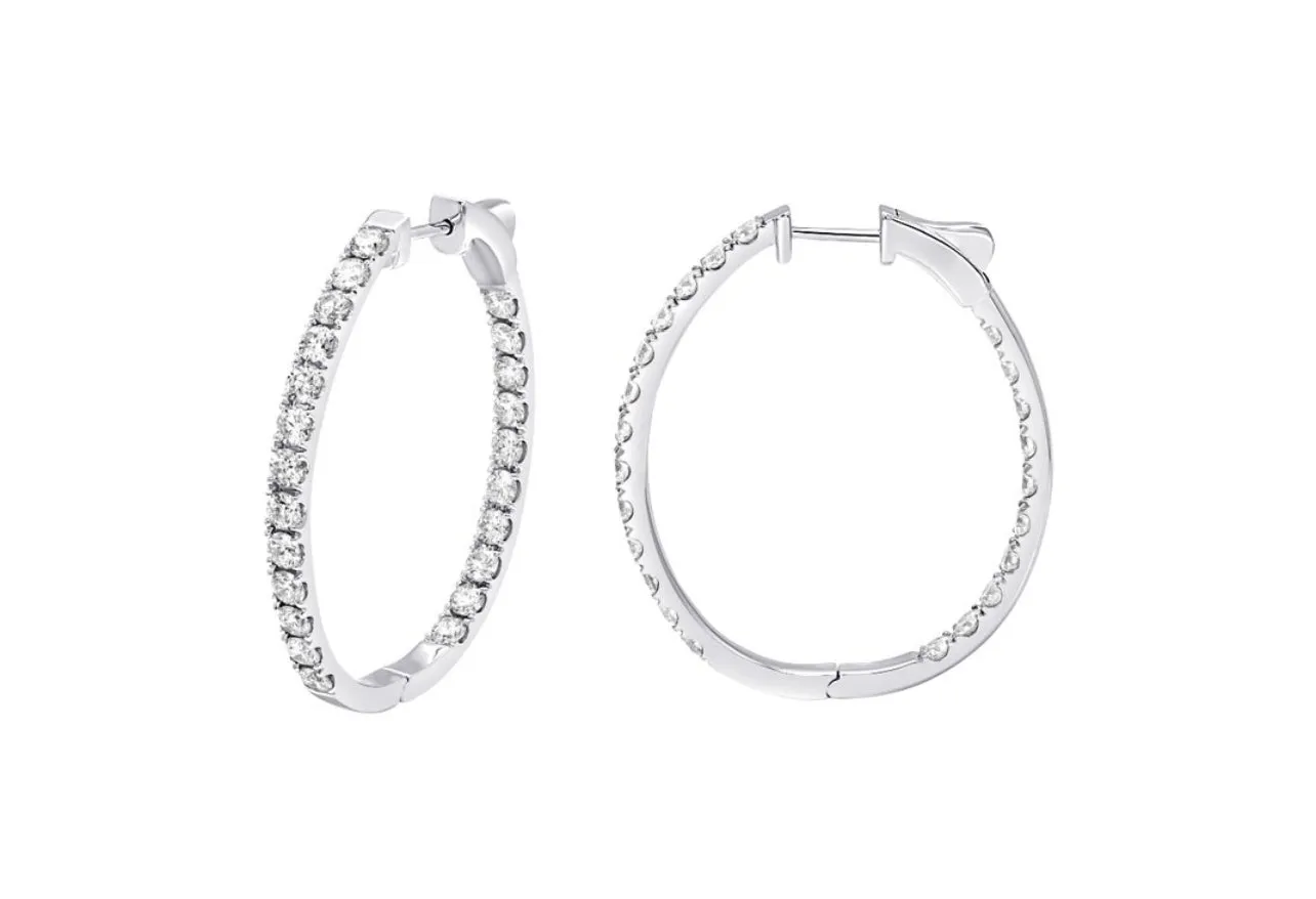 14K White or Yellow Gold Classic Oval Inside-Out Diamond Hoops