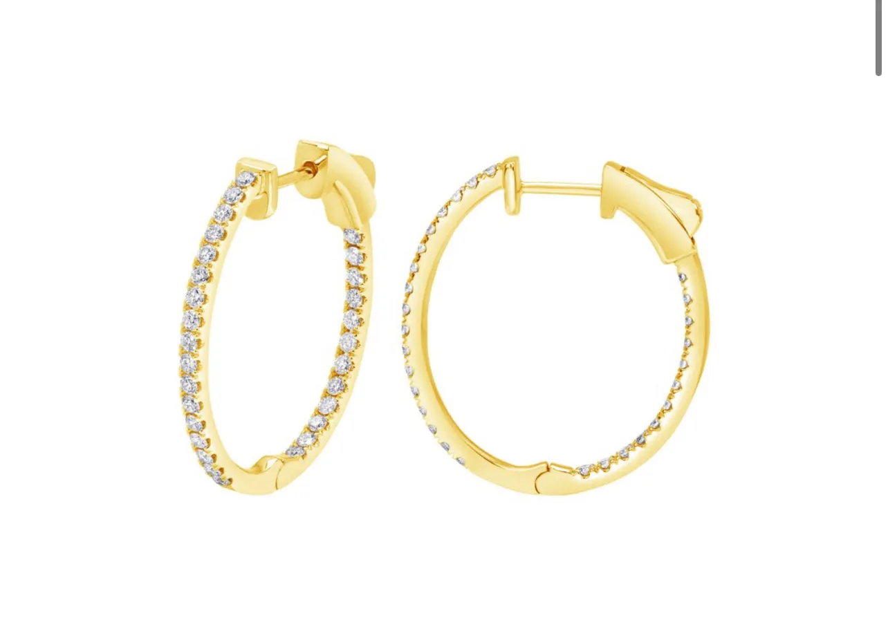 14K White or Yellow Gold Classic Oval Inside-Out Diamond Hoops