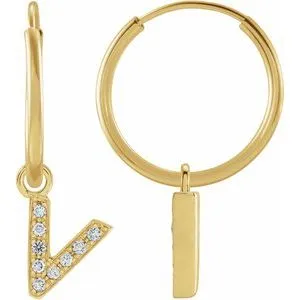 14K Yellow .03 CTW Natural Diamond Single Initial V Hoop Earring