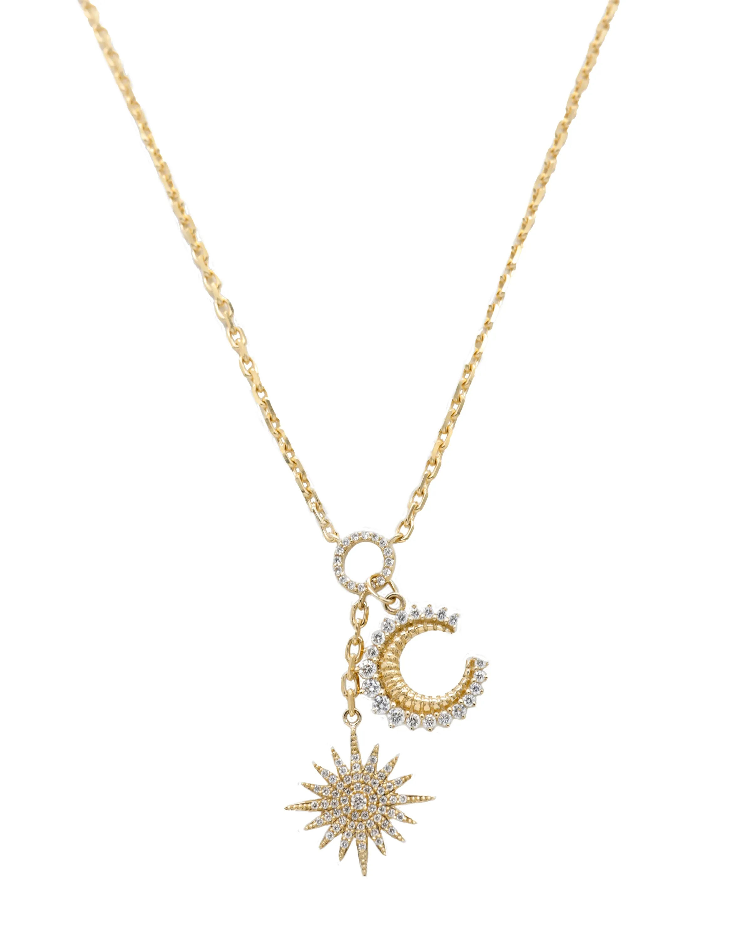 14k Yellow Gold Diamond Celestial Moon and Star Charm Necklace