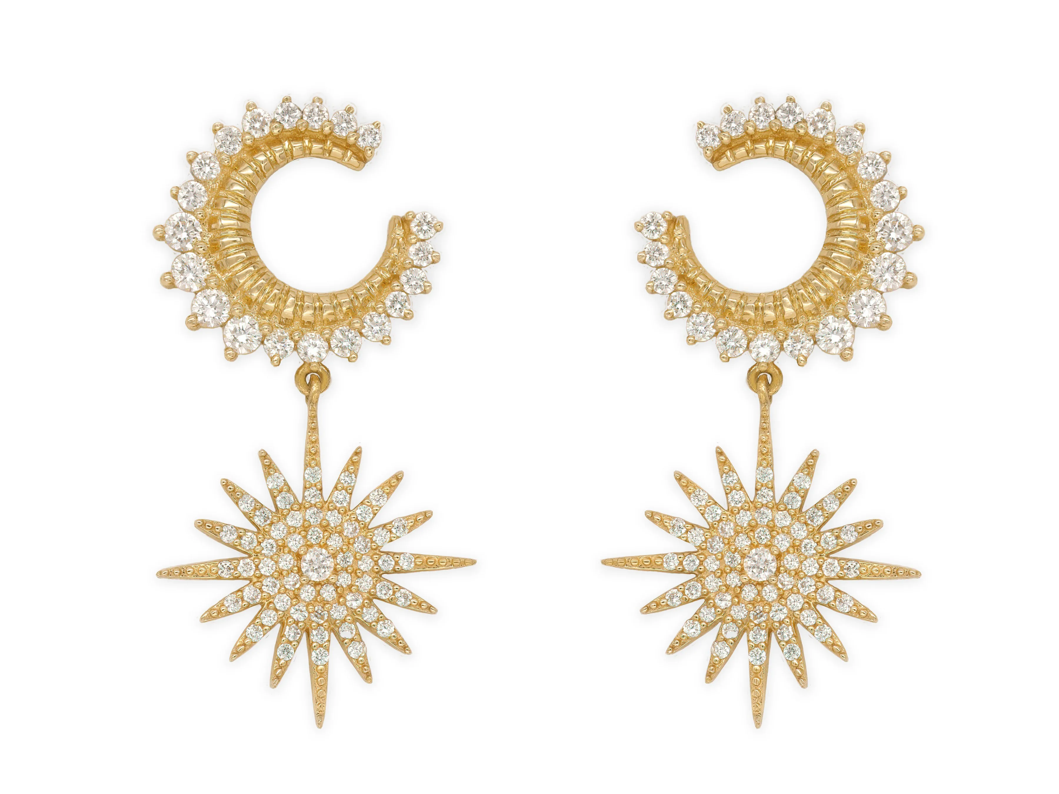 14k Yellow Gold Diamond Celestial Moon and Star Earrings
