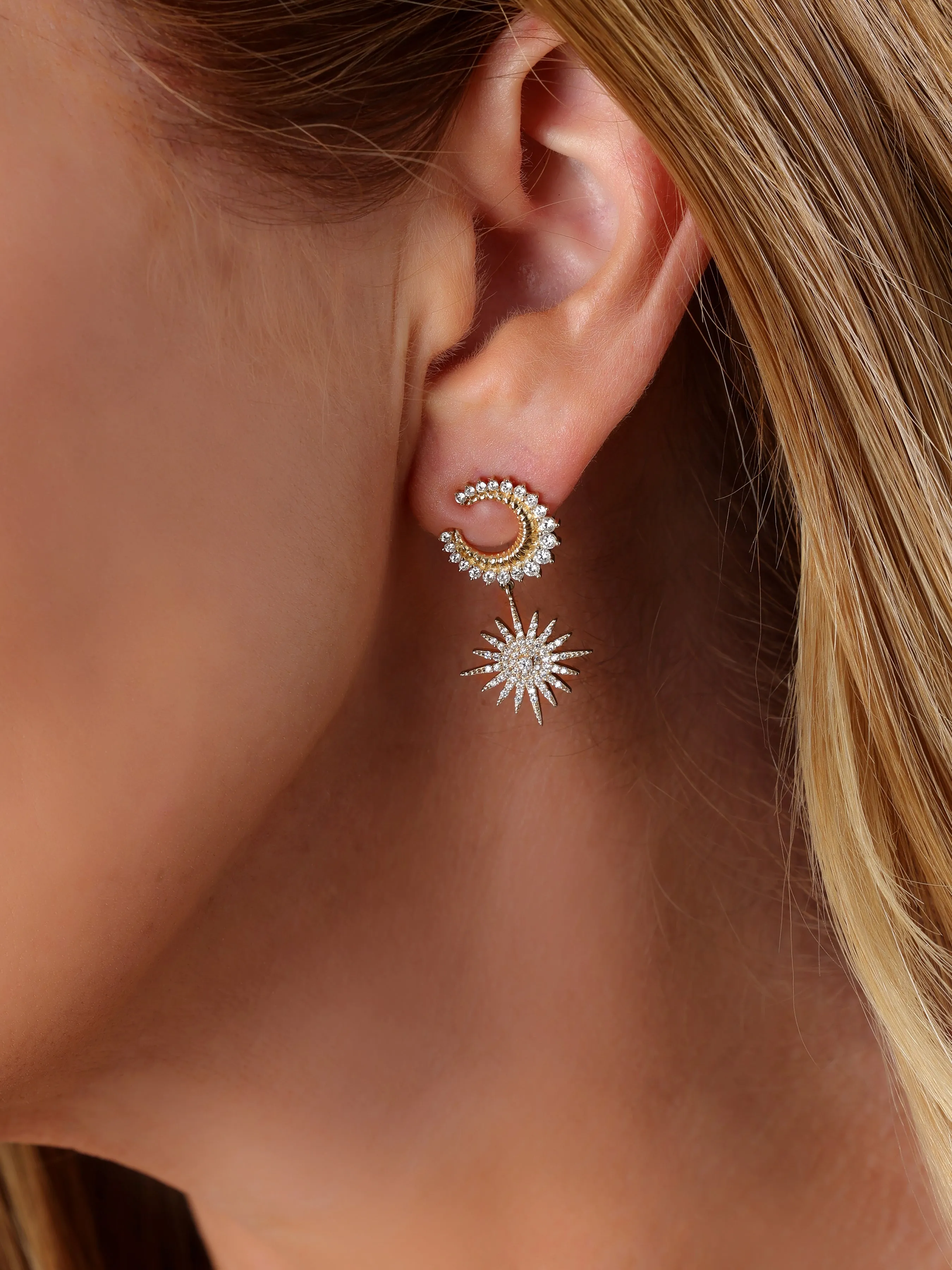 14k Yellow Gold Diamond Celestial Moon and Star Earrings