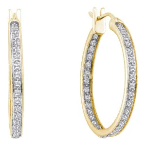 14K Yellow Gold Round Diamond Inside Outside Hoop Earrings 1/4 Cttw