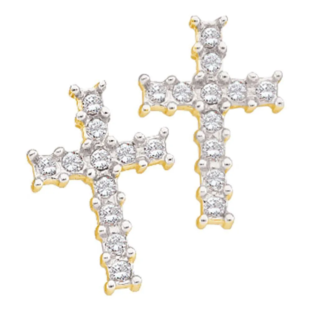 14K Yellow Gold Round Diamond Roman Cross Religious Stud Earrings 1/10 Cttw