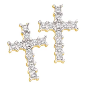 14K Yellow Gold Round Diamond Roman Cross Religious Stud Earrings 1/10 Cttw