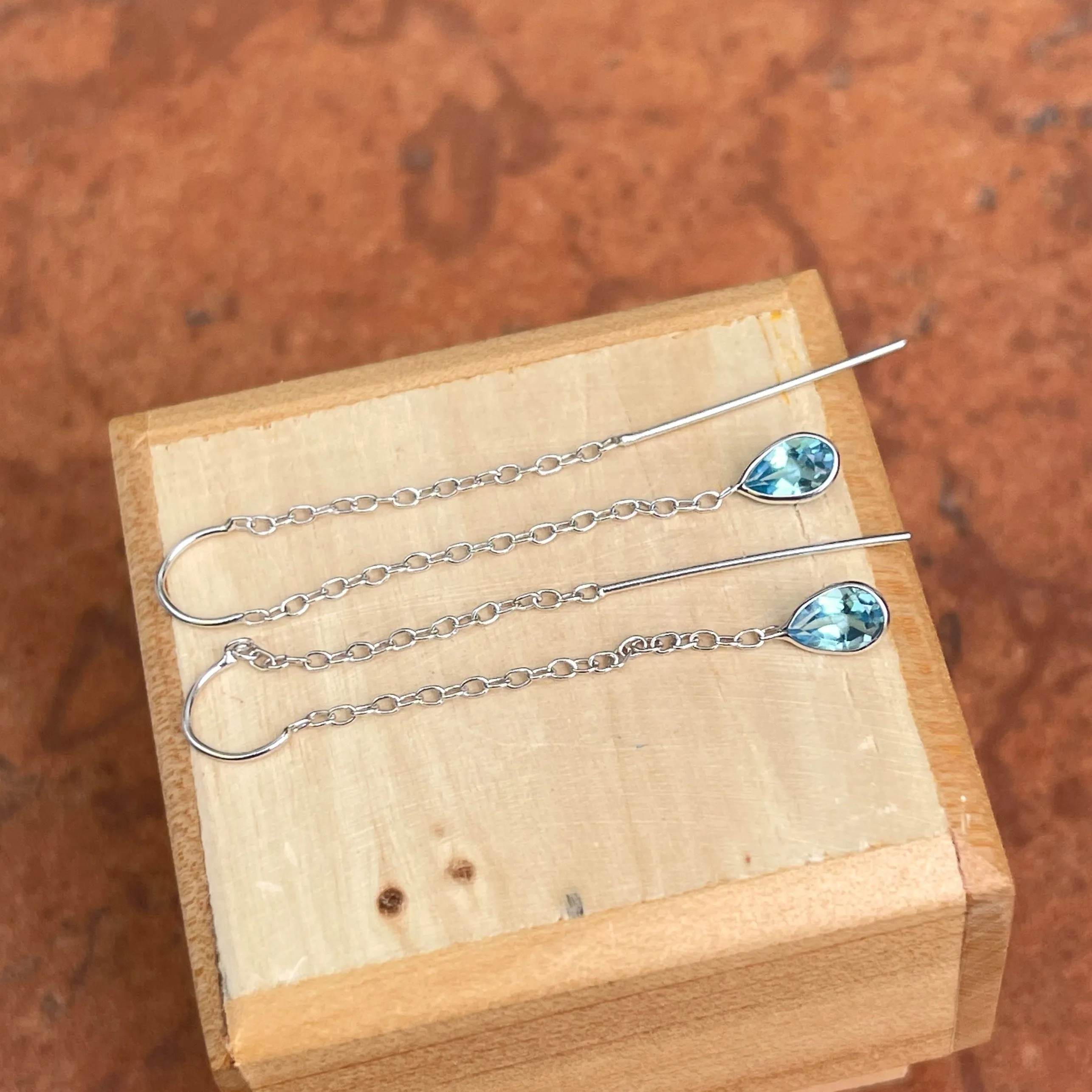 14KT White Gold Teardrop Swiss Blue Topaz Threader Earrings