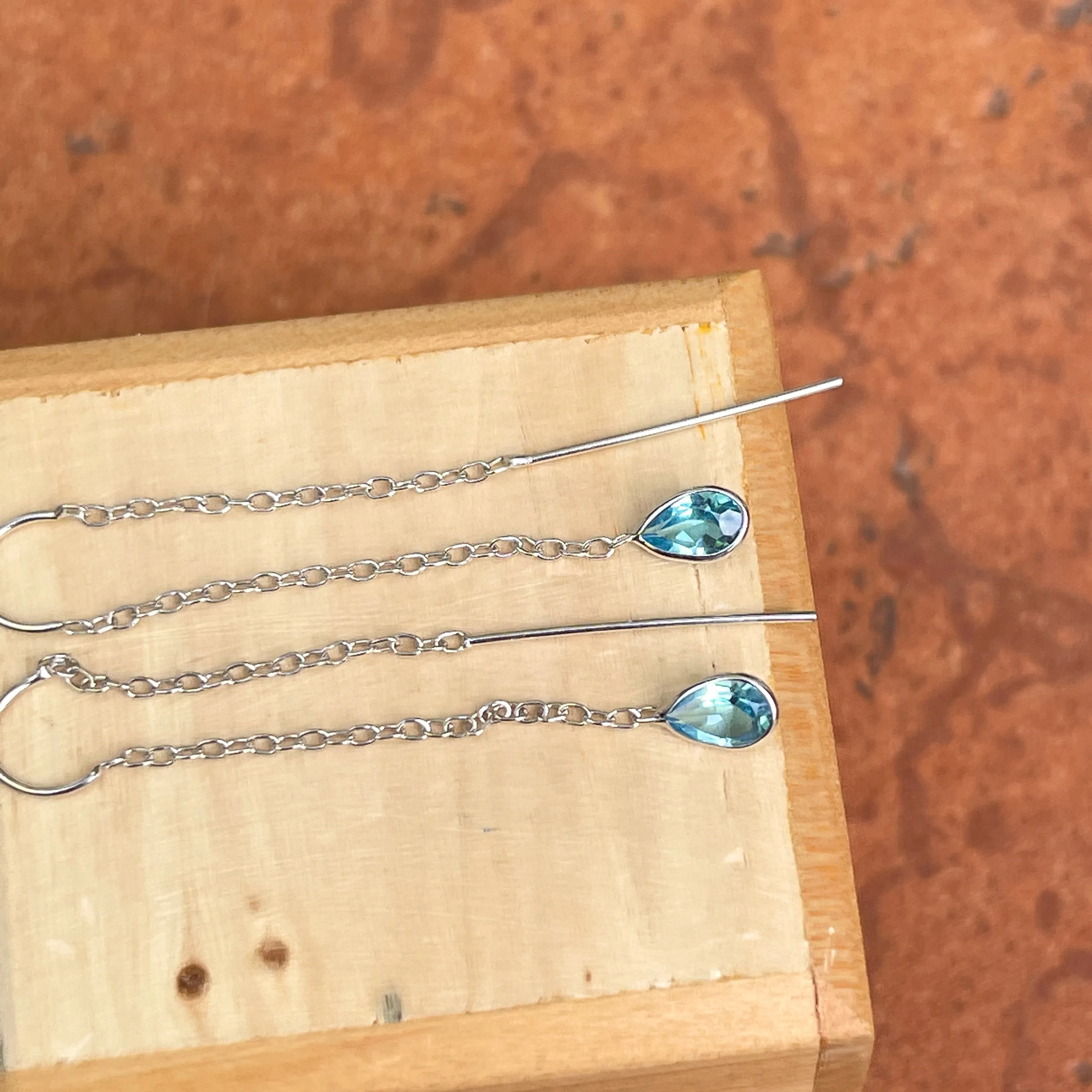 14KT White Gold Teardrop Swiss Blue Topaz Threader Earrings