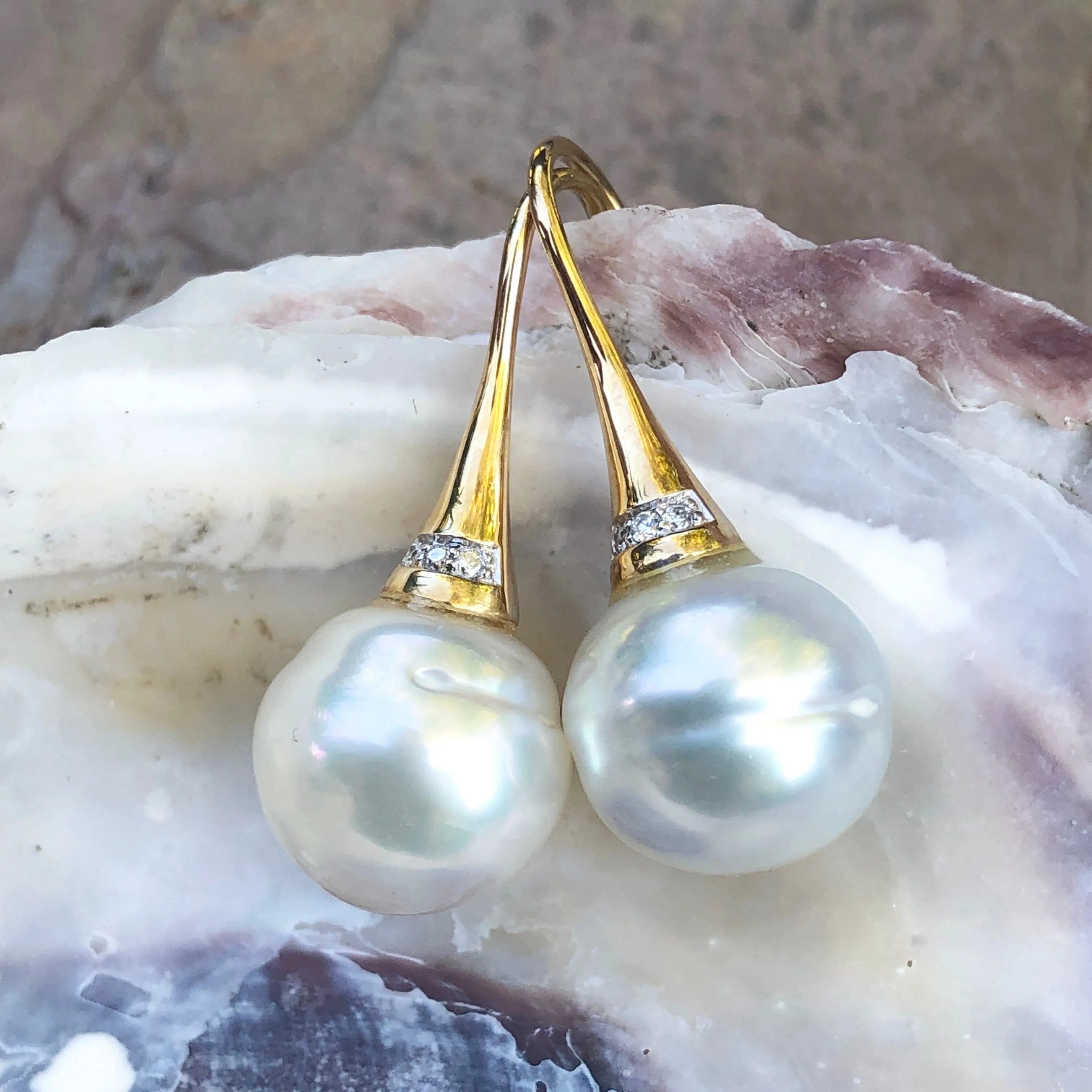 14KT Yellow Gold Pave Diamond   11mm Paspaley Pearl Drop Earrings