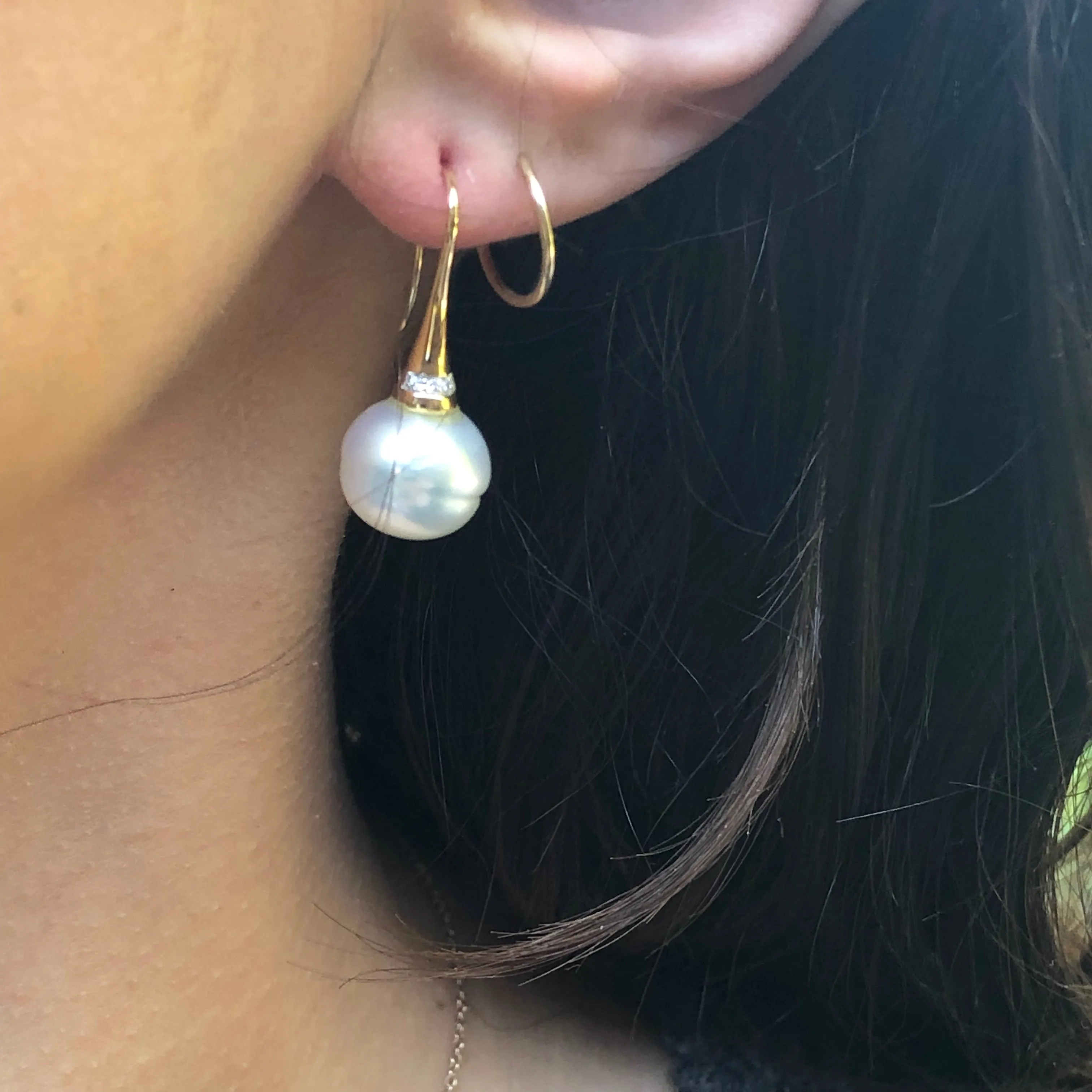 14KT Yellow Gold Pave Diamond   11mm Paspaley Pearl Drop Earrings